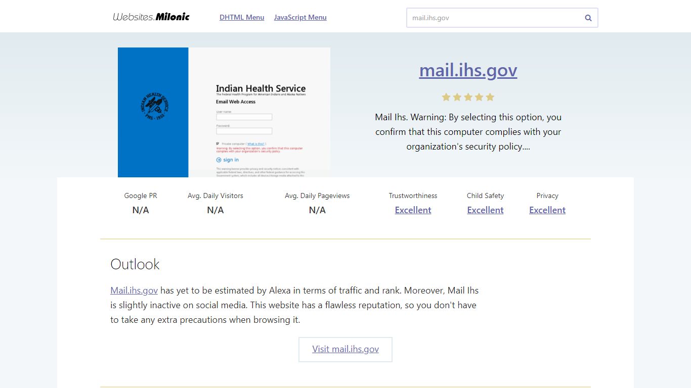 Mail.ihs.gov website. Outlook. - Milonic